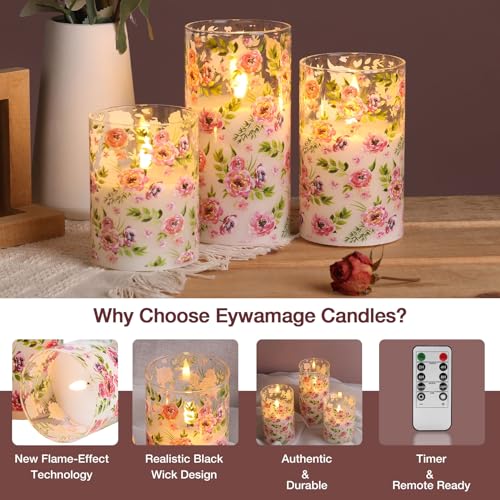 Eywamage Red Rose Floral Flameless Candles with Remote, Flickering Glass LED Pillar Candles Spring Home Decor Set of 3