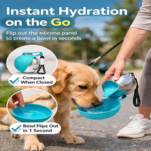 2 in 1 Portable Tumbler for Dogs, 2026 New 10Oz Stainless Steel Dog Water Bottle with Silicone Foldable Bowl, Leak-Proof 2...