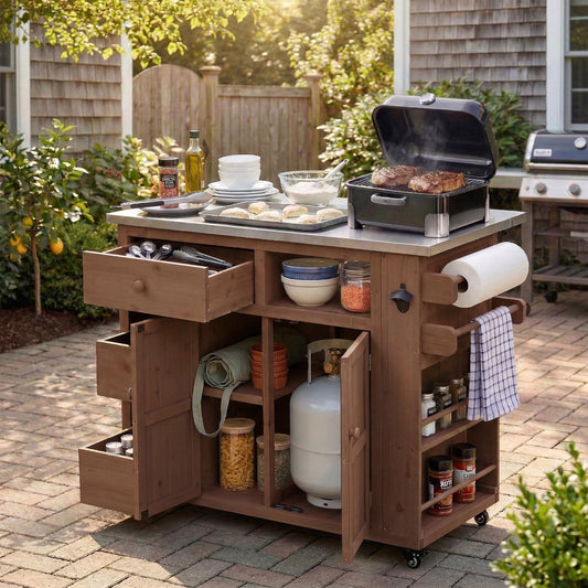 TOPMAx Outdoor Solid Wood Extendable 19.3  28  Kitchen Island  Stainless Steel Top Grill Table With Side Spice Rack  Kitchen Cart With Drawers  Storage Cabinet For Backyard  BBQ Party  Brown