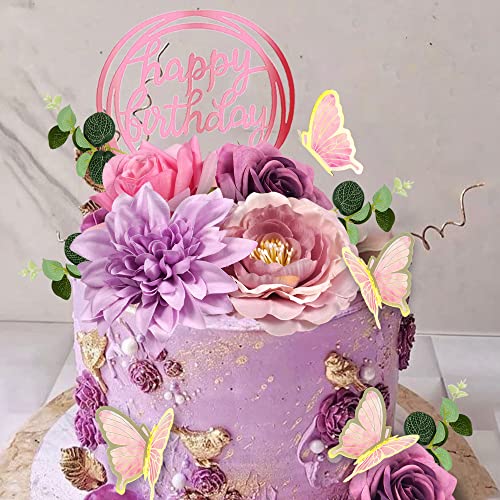 20 PCS Flower Cake Toppers Butterfly Cake Decorations Happy Birthday Cake Toppers with Pink Purple Flowers Eucalyptus Butt...