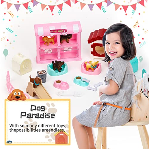 TQQFUN 32 PCS Dog Figures Play Set, Pet Care Center Pretend Play Set with Realistic Puppy Toys, Educational Gifts for Girl...