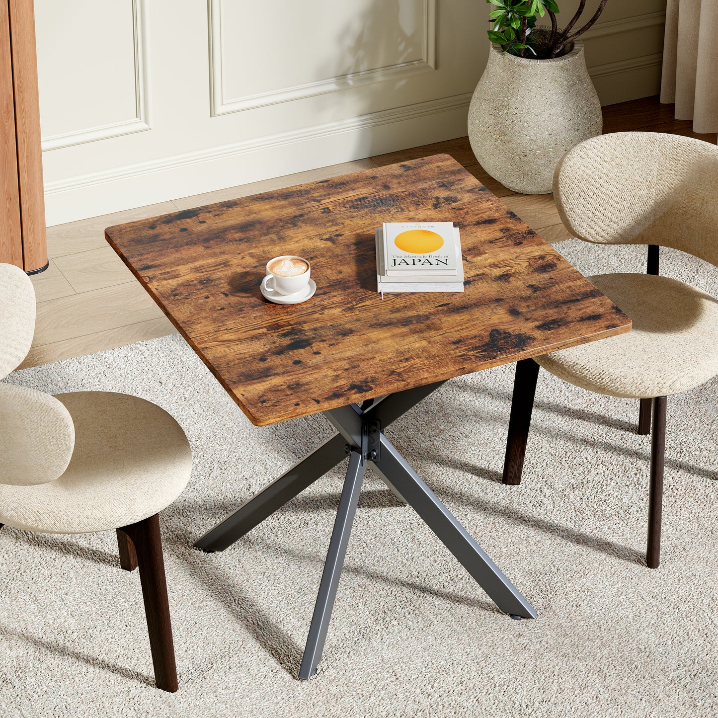 Rustic Square Side Table, X-Frame Metal Legs With Wood Grain Tabletop, Industrial Accent End Table For Living Room, Bedroom & Home Office, Brown, 31.5 X 31.5 X 29.5 Inches