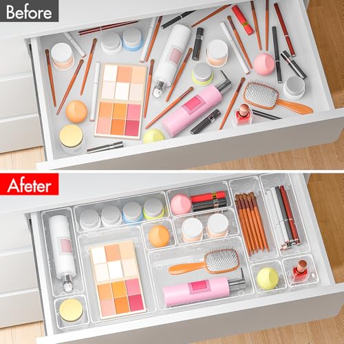 VEXTHYX Clear Plastic Drawer Organizers Set of 45 Vanity trays Stackable Storage Bins Dividers Bathroom Organiser Storage ...