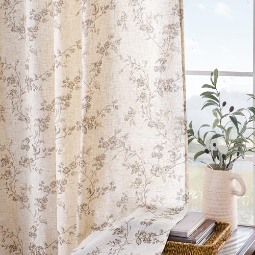 Lazzzy Taupe Floral Linen Curtains 84 Inch Farmhouse Curtain Back Tab Drapes for Living Room Bedroom Light Filtering Vinta...