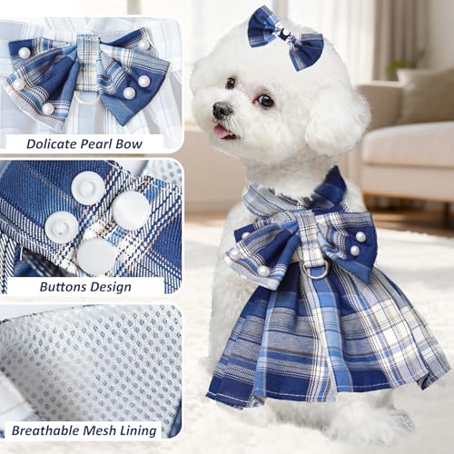 Dog Dress Bowknot Harness Leash Set for Small Dogs Girl Cute Plaid Dog Dress Pearls Bow Tie Spring Summer Princess Clothes...