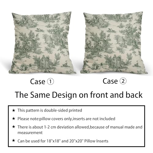Green Toile Pillow Covers 18x18 Inch Set of 2 Olive and Beige French Country Cotton Linen Decorative Throw Pillow Case Cot...