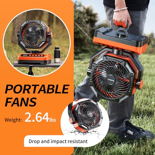 Camping LED Fan with Light, 40000Max Rechargeable Battery Powered Outdoor Tent Fan with Light and Hook, 4 Speed, Personal ...