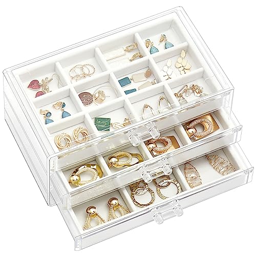 ProCase Earring Holder Organizer Jewelry Box with 3 Drawers, Acrylic Clear Earring Case with Adjustable Velvet Trays for W...