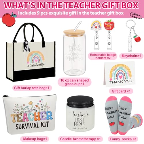Skylety 9 Pcs Teacher Gift Set for Women Trapezoid Grocery Canvas Tote Bags with Handle Glass Jar Tumbler Scented Candle B...
