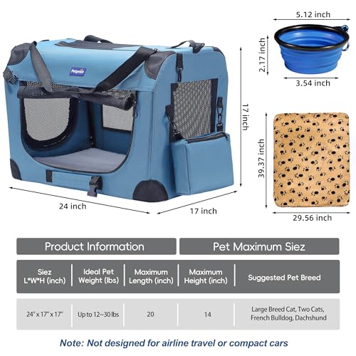 Petprsco Portable Collapsible Dog Crate, Travel Dog Crate 24x17x17 with Soft Warm Blanket and Foldable Bowl for Large Cats...