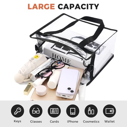 BAGAIL Clear Bags 12x6x12 Stadium Approved Clear Tote Bag with Zipper Closure Crossbody Shoulder Bag with Adjustable Strap