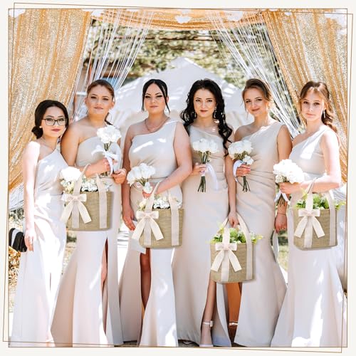 Clysee 6 Pcs Bridesmaid Straw Beach Bags Reusable Woven Burlap Tote Bags with Handles Ribbon for Bachelorette Wedding Gift...