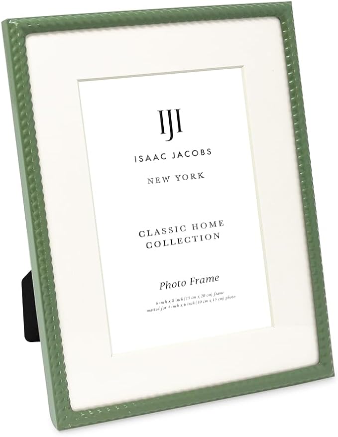 Isaac Jacobs 6x8 (Matted 4x6) Green Metal Rope Border Picture Frame, Horizontal & Vertical for Tabletop and Wall Display, ...