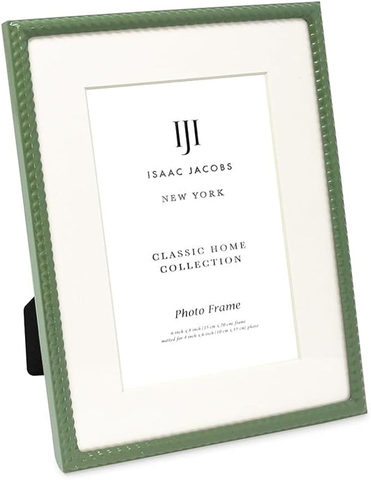 Isaac Jacobs 6x8 (Matted 4x6) Green Metal Rope Border Picture Frame, Horizontal & Vertical for Tabletop and Wall Display, ...