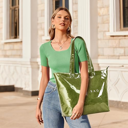 KALIDI PVC Zipper Tote Bag, Jelly Kraft Paper Beach Bag Large Hobo Carry All Travel Shopping Handbag Plastic Shoulder Bag