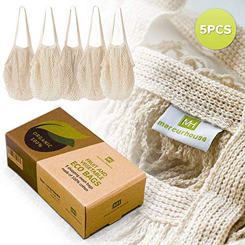 MERCURHOUSE 5 pack Cotton String Shopping Bags Reusable Washable Grocery Mesh Bags Organizer for Grocery Shopping Produce ...
