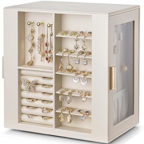 VLANDO 360ｰ Rotating Jewelry Box with 5 Drawers, Mothers Day Mom Gifts, Large Jewelry Storage with 2 Glass Window, PU Leat...