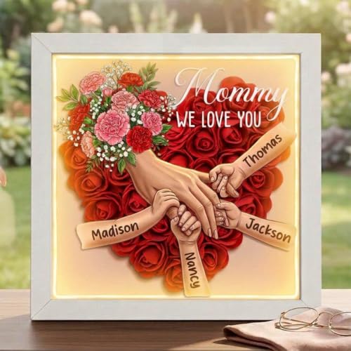 Personalized Mommy Holding Hands Flower Shadow Box with Kids Name Custom Kids Names Carnation Floral Heart Frame, Premium ...