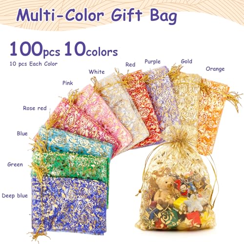 100Pcs 5x7 Inch Organza Gift Bags 10 Colors Drawstring Mesh Bag for Jewelry Wedding Favor Festival Candy Gift Pouches Chri...