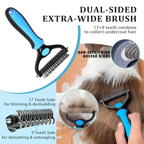 7PCS Dog Grooming Brush Kit for Shedding and Matted Fur, Self-Cleaning Slicker Brush with Undercoat Rake, Flea Comb for Lo...