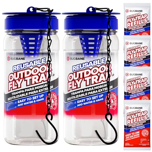 2 Fly Traps Outdoor Fly Trap for Patio with 4 Non-Toxic Dissolvable Bait Refills. Reusable Hanging Bug Catcher Killer for ...