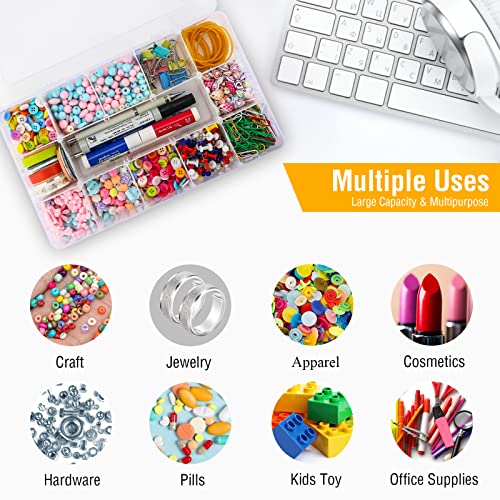 Exptolii 15 Large Grids Plastic Organizer Box with Dividers, Clear Compartment Container Storage for Washi Tapes Beads Cra...
