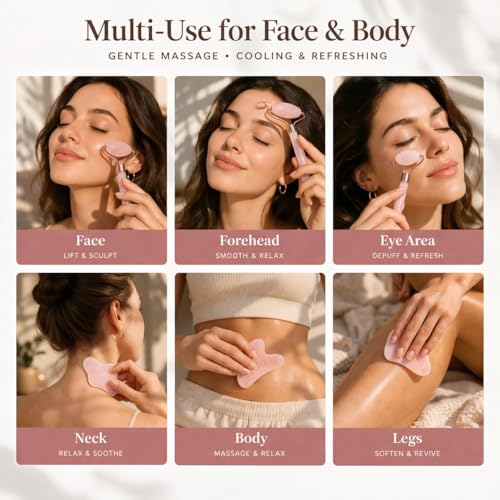 Face Roller & Gua Sha Set for Facial Massage, Reduce Puffiness & Wrinkles, Cooling Skin Care Tool for Face Neck Eyes, Rela...