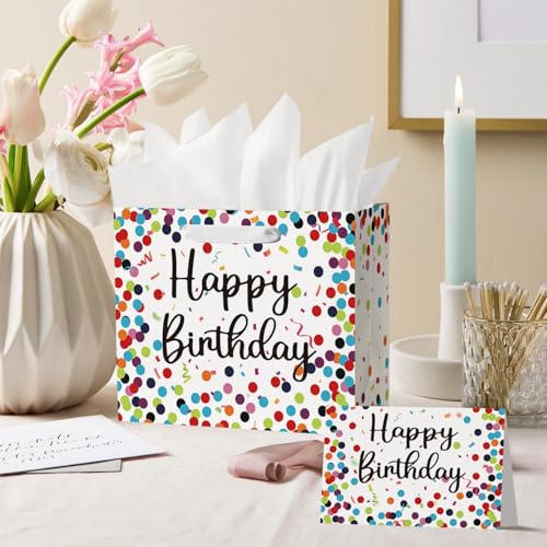 Horaldaily 13" Large Birthday Gift Paper Bags with Tissue Paper and Card, Happy Birthday Dots Streamers Gift Paper Bag for...