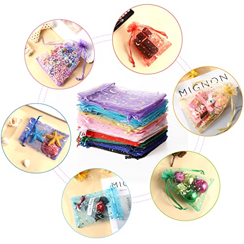 Hopttreely 100PCS Moon Star Organza Bags, 3X4 Jewelry Candy Favor Bags, Mixed Color Gift Pouch With Drawstring for Wedding...