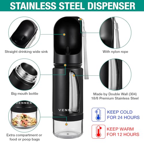 Dog Water Bottle Portable Stainless Steel Leak Proof Wide Mouth BPA Free Water Dispenser for Medium Small Dogs Pups 2 in 1...