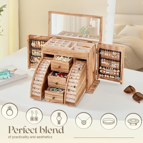 Poyilooo Jewelry Box Organizer, Solid Wood Jewelry Boxes fow Women with Mirror, Large Jewelry Organizer Box Display Earrin...