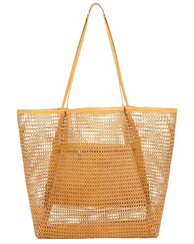 WXQCJL Mesh Beach Bag for Women - Foldable Large Tote with Zipper Inner Pockets for Pool Swimming Vacation & Travel