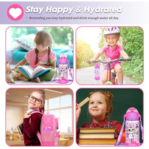 YOYTOO Kids Water Bottle with Straw/Lanyard for School Kids Girls Boys, 22oz BPA Free Child Drinking Water Bottle One-Clic...