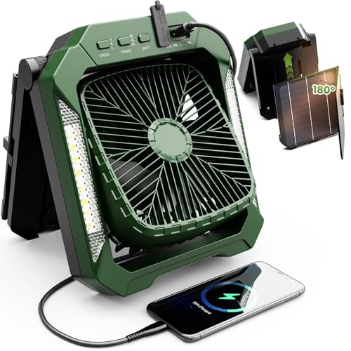 26800mAh Portable Fan Rechargeable with 18W Detachable Solar Panel, Quiet Battery Powered Camping Fan Cordless with LED La...