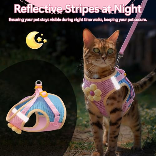 Cat Harness and Leash Set Escape Proof, Adjustable Cat Vest Harnesses Soft Kitten Harness Reflective Strips Jacket with Fl...