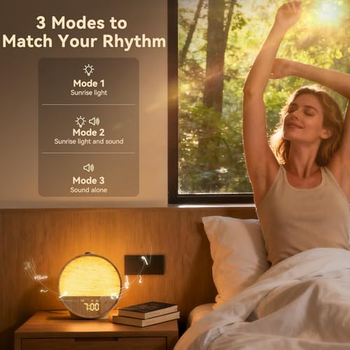 Vivilumens Wood Grain Sunrise Alarm Clock, Gentle Wake-Up Light Sound Machine, Dual Alarms for Heavy Sleepers, Natural Sou...