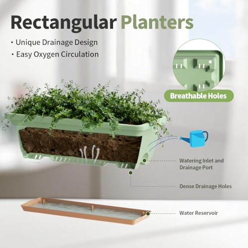 LESOASIS Window Box Planter, 6 Pack Plastic Vegetable Flower Window Planters Boxes 16 Inches Rectangular Flower Pots with ...