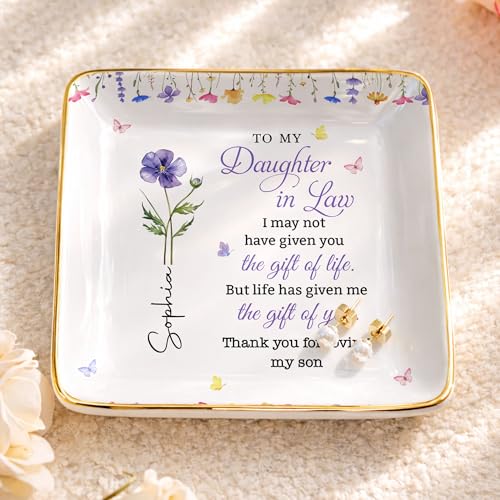 ALMAGEMSUS Personalized Daughter In Law Jewelry Dish, Birth Floral Ceramic Trinket Dish, Ring Holder Tray, Sentimental Gif...