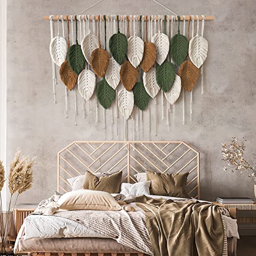 KHOYIME Large Macrame Wall Hanging Boho Woven Tapestry, Chic Home Decor Modern Bohemian Handmade Leaf Feather Wall Art Dec...