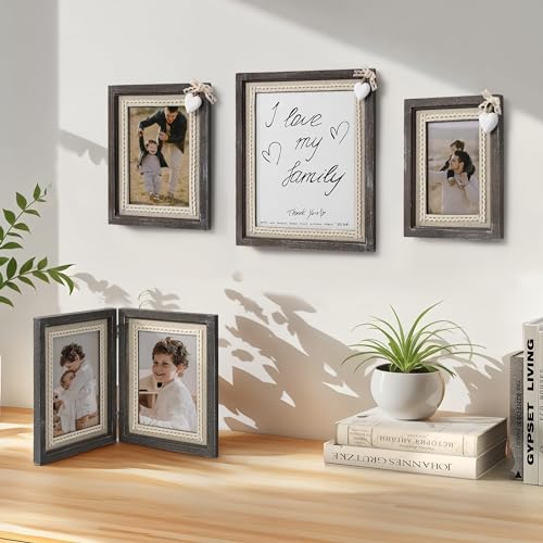Afuly 8x10 Picture Frame Wooden Distressed Rustic Photo Frame with White Heart Burlap Lace, Solid Wood Frame for Farmhouse...