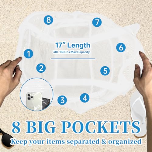 Yunaeduo Large Mesh Beach Bag - Lightweight & Foldable Family Beach Bag with 9 Pockets for Toys, Towels & Vacation Essentials