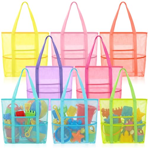 Kinlop 8 Pcs Mesh Beach Bag, Large Beach Tote Bags with Zipper, Waterproof Sandproof with 8 Pockets for Family Travel Vaca...