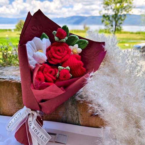MengxFly Crochet Flower Bouquet Red Handmade Crochet Flowers, Romantic Gift for Her, Knitted Floral Bouquet with Gift Box ...