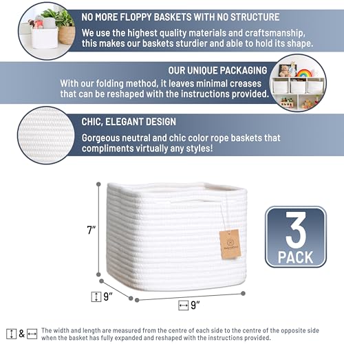 NaturalCozy Storage Cubes 9”x9”x7”Cotton Rope Woven Baskets for Organizing 3-Pack | 9 Inch Cube Storage Bin | Small Basket...