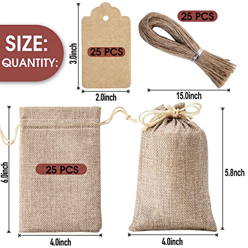 Homum 25Pcs Premium Burlap Gift Bags with Drawstring and 25Pcs Gift Tags & String, 4x6 Inch Reusable Gift Burlap Linen Sac...