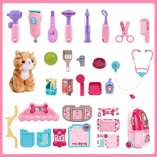 MAGIC4U Pet Cat Care Carrier Suitcase Toy, 29PCS Vet Clinic and Doctor Kit for Kids, Pet Kitty Grooming Feeding Toys, Vete...