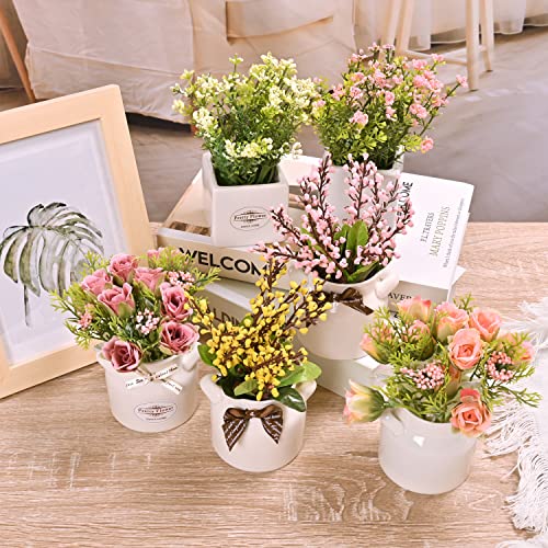LUEUR 6Pcs Artificial Flowers with Ceramic Pot Fake Flower Arrangements Small Faux Spring Flowers in Vase Spring/Summer De...