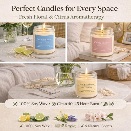 6 Pack Spring Summer Scented Candles Set for Women, Natural Non-Toxic Aromatherapy Candles with Lemon Verbena/Sea Salt Sce...