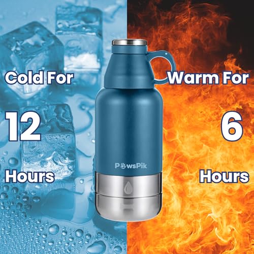PawsPik 32oz 3-in-1 Travel Dog Water Bottle & Bowl Set – Stainless Steel Vacuum-Insulated Bottle with Detachable Food & Wa...