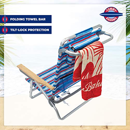 Tommy Bahama 5-Position Classic Lay Flat Folding Backpack Beach Chair, Aluminum, Red, White, and Blue Stripe